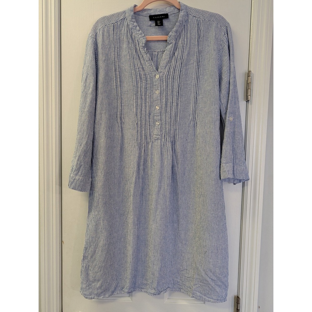 Blue White Striped Linen Blend Pintuck Shift Tunic Dress S Coastal Nautical